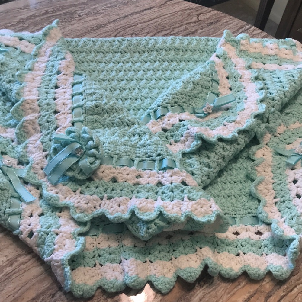 Mint Green Hand Crocheted Baby Blanket Ribbons Bows Crocheted Rosette
